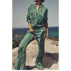 Zara Green Printed Matching Set Blouse Wide Leg Pants Resort XL Beach Outfit